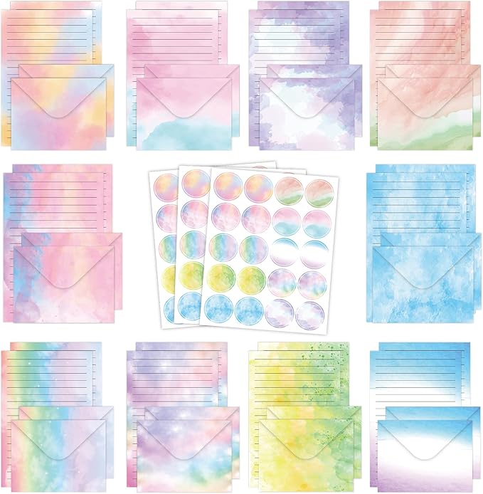 Stationery Paper Envelopes Set 160 Pcs - 50 Lined Writing Paper, 50 Envelopes, 60 Dot Stickers, Vintage/Floral/Leaf/Watercolor Multi-Style Options (STATIONERY-160PCS-WATERCOLOR)