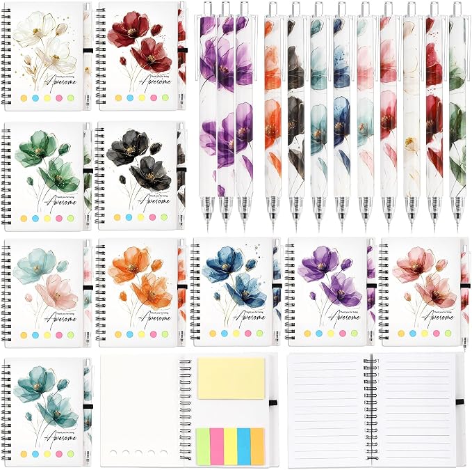 Chuangdi 10 Sets Back to School Teacher Gifts Bulk Inspirational Spiral Notebook with Sticky Note Motivational Pen Appreciation Gifts for Employee Team Staff Coworker (Floral,Watercolor)