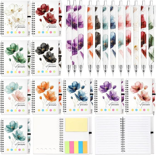Chuangdi 10 Sets Back to School Teacher Gifts Bulk Inspirational Spiral Notebook with Sticky Note Motivational Pen Appreciation Gifts for Employee Team Staff Coworker (Floral,Watercolor)