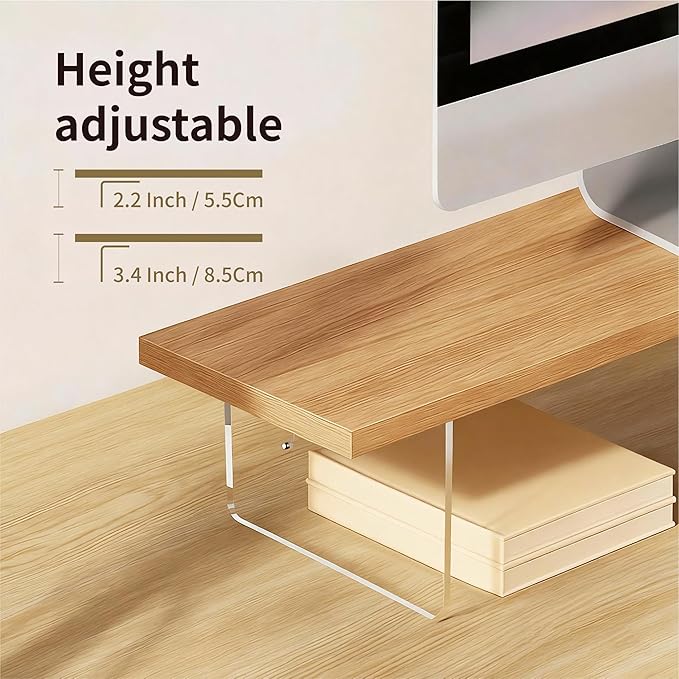 Wood Monitor Stand Riser with Acrylic Legs, Computer Screen Stand Desk Organizer, 31.5 x 7.9 x 3.1 inch, Hold up to 66 lbs (Natural, 31.5"×7.9"×3.1")
