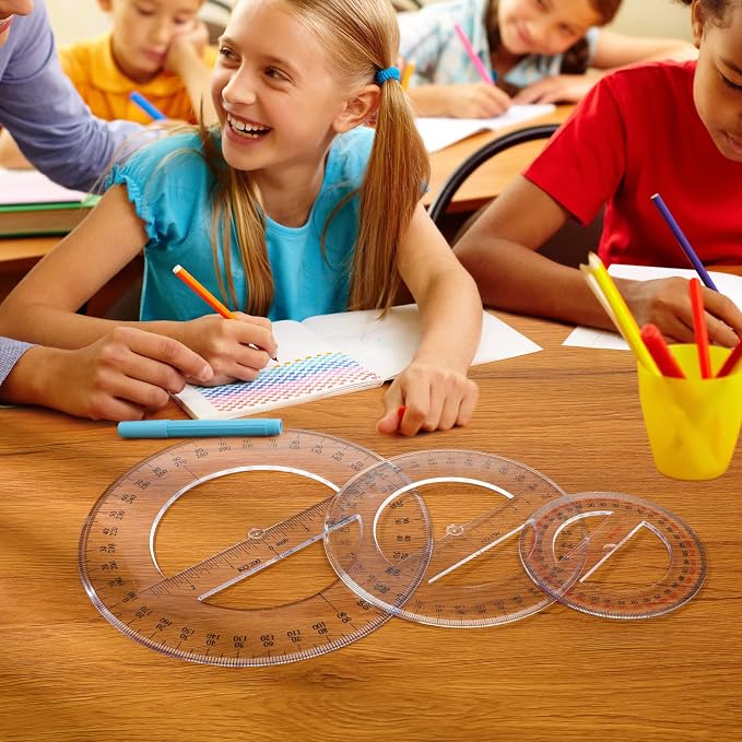 4 Pcs Multi-size 360 Degree Protractor 4/6/8/12 Inch Plastic Math Circle Protractors Ruler Clear Mathematical Geometry Tool for Drawing and Drafting Angle Measurement, Student School Office Supplies