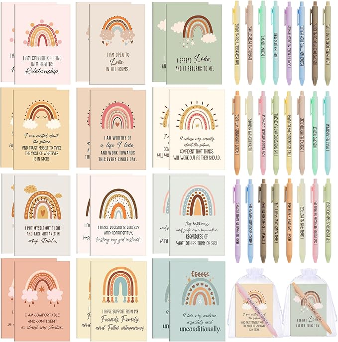 Mooliwe 48 Pcs Positive Affirmation Gift Set Gratitude Notebooks with Pens Small Bags Motivational Encouragement Notepads Daily Affirmations Journal for Women Stress Relief Self Care (Cute)