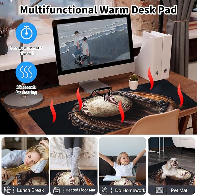 Warm Desk Pad,Heated Desk Pad,Office Mat,3 Heating Levels & 3 Hours Auto Shut-Off,31.5"*13" Gaming Mouse Laptop Keyboard Leather Desk Mat,Retro Baseball