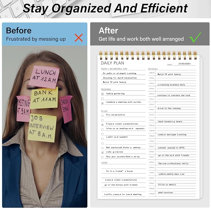 Daily Shedule Planner Half-Hourly Personal Organizer 6.5"x 10" | Both Sides Usable,Undated Layout,Time Block,Work To-Do List,Priorities,Smooth Writing, No Bleed Thick Sheets