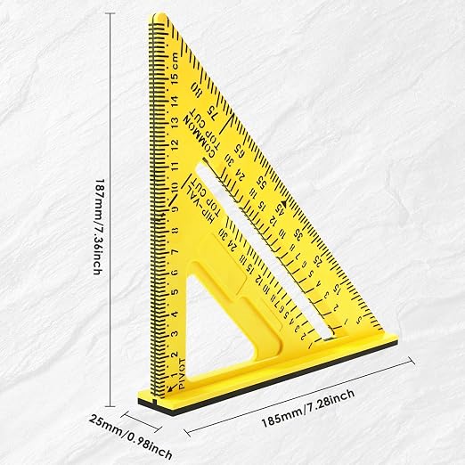 7 Inch Woodworking Triangle Ruler, Metric and Imperial Plastic Carpenter Square, Precision Right Angle Measuring Ruler, Clear Scale Square Protractor for Woodworking and Carpentry (Yellow)