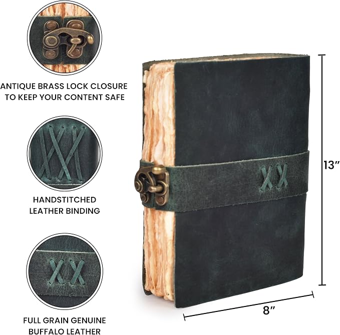 LEATHER VILLAGE Leather Bound Vintage Journal for Women & Men - Book of Shadows - Lock Closure - 200 Pages of Antique Deckle Edges Handmade Watercolor Paper - Turquoise - 13X8 inches