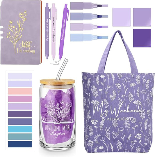 Havawish 14 Pcs Book Lovers Gift for Women 16 oz Glass Cup Tote Bag A6 Journal Notebook Pens Highlighters Sticky Notes Back to School Teacher Librarian Bookish Book Club(Purple,Aesthetic)