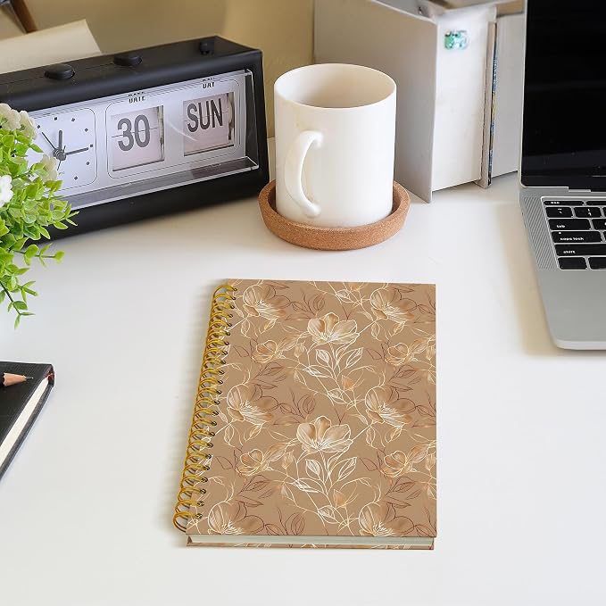 Boho Abstract Floral Spiral Notebook, Gold Brown Luxury Botanical Journal, Neoclassical Modern Hand-drawn Flower Hardcover Notebook Journal, 5.5x8.3 Inch