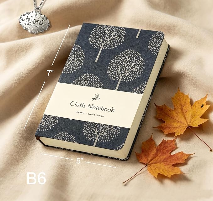 Linen Notebook, Hardcover Cloth Journal, B6, 264 Pages, 5x7 Small Lined Notebook & Sketchbook, Lay Flat, White Tree Navy Blue Fabric, Dirt-proof, Suitable for Outdoor Sketching