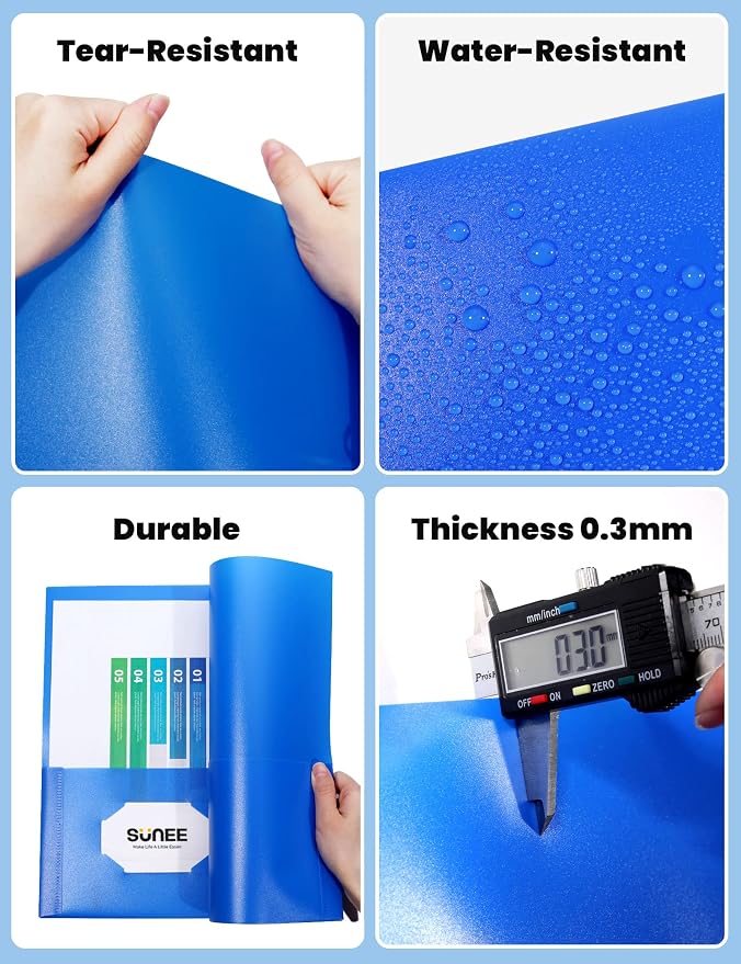 SUNEE 2 Pocket Folders (6 Pack, Blue) Heavy-Duty Plastic Folders with Pockets, Fit 8.5x11 Letter Size Paper, 2-Pocket File Folders for Kids, Home, School, Office