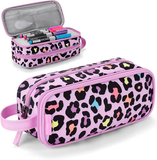 Choco Mocha Girls Pencil Case for Kids, Soft Large Zipper Pencil Pouch for Kids with 2 Compartments Girls Pencil Case for School Leopard Pencil Bag, Cheetah Pink