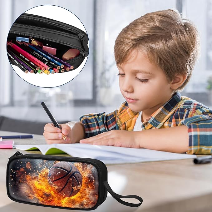 TILYTADLY Large Pencil Case for Boys - Basketball Boys Pencil Pouch with Zipper Compartments - Big Capacity Pen Box Pen Bag Organizer with Keychain for Kids Teens School