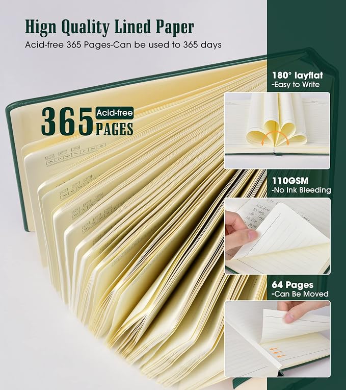 Lined Journal Notebook, 365 Pages A4 Large Journals for Writing Ruled Notebook, Hardcover Leather Journal for Women Men, Daily Journal Notebook for Work, Note Taking, 100Gsm Thick Paper ( 8.5" x 11" Green)