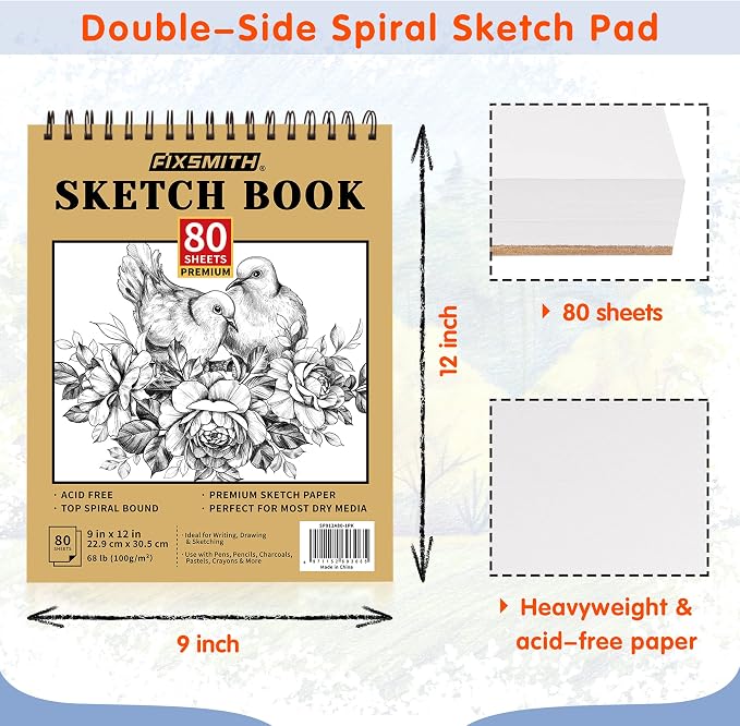 FIXSMITH 9"X12" Sketch Book | 80 Sheets (68 lb/100gsm) Sketchbook | Top Spiral Bound Artist Sketch Pad | Acid Free Drawing Pad | Ideal for Kids, Beginners, Artists & Painters | Bright White