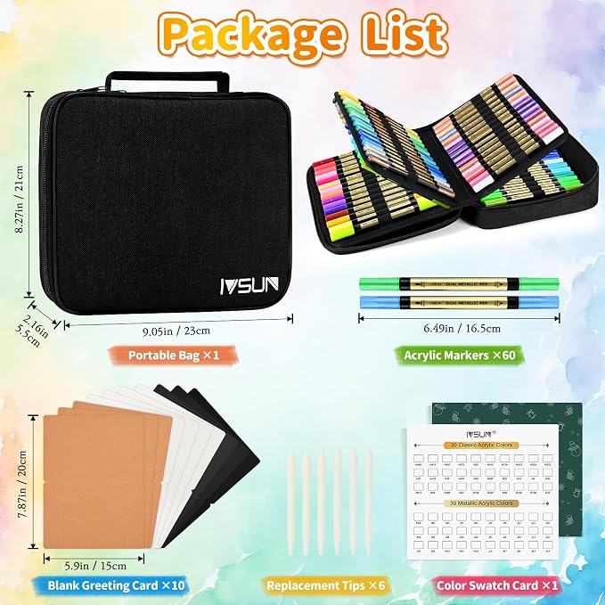 IVSUN 30 Metallic & 30 Regular Colors Dual Tip Acrylic Paint Markers | Works on Black Paper, Photo Album, Rock Painting, Wood, Card Making, DIY Crafts, Scrapbook Supplies