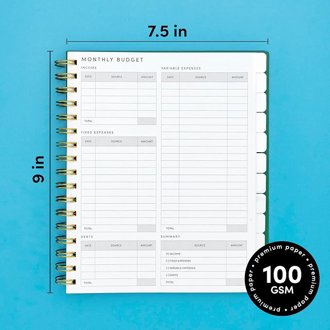 PAPERAGE Undated 12 Month Weekly & Monthly Planner with Durable Cover & Spiral Binding, 7.5 in x 9 in, Productivity Planner with Note Pages, Goals & Budget Trackers, Stickers & Bookmark (Dark Green)