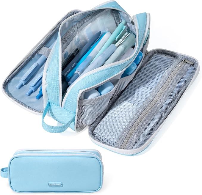 Four Candies Large Pencil Case, 3 Compartment Organizer Pouch | Large Pen Bag for Stationery & Office Multi-Purpose Organizer Makeup Bag Travel Bag with Handle (Blue)
