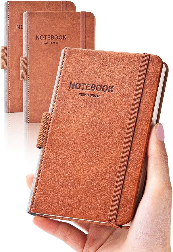 AISBUGUR Pocket Notebook Small Notebook 2-Pack, 3.7" x 5.7" Pocket Notebooks Hardcover with Thick Lined Paper, Inner Pockets, Cover Letter Embossing Design Mini Journal Notepad Brown Leather
