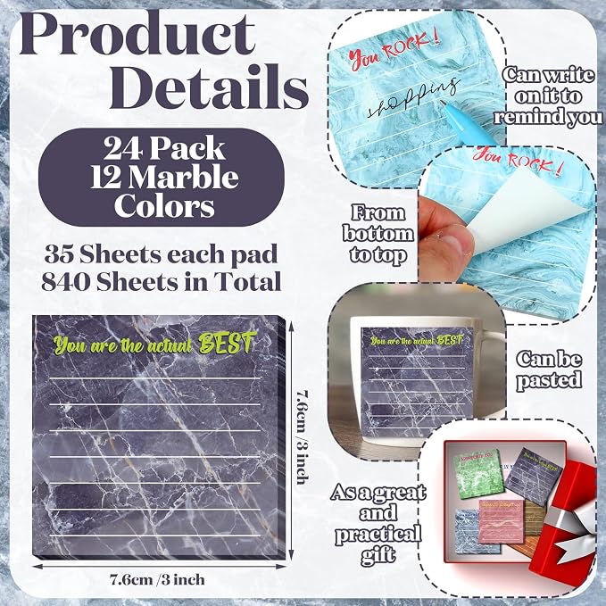 Yinder 24 Pcs Sticky Notes Gifts Bulk,Appreciation,Marble Color