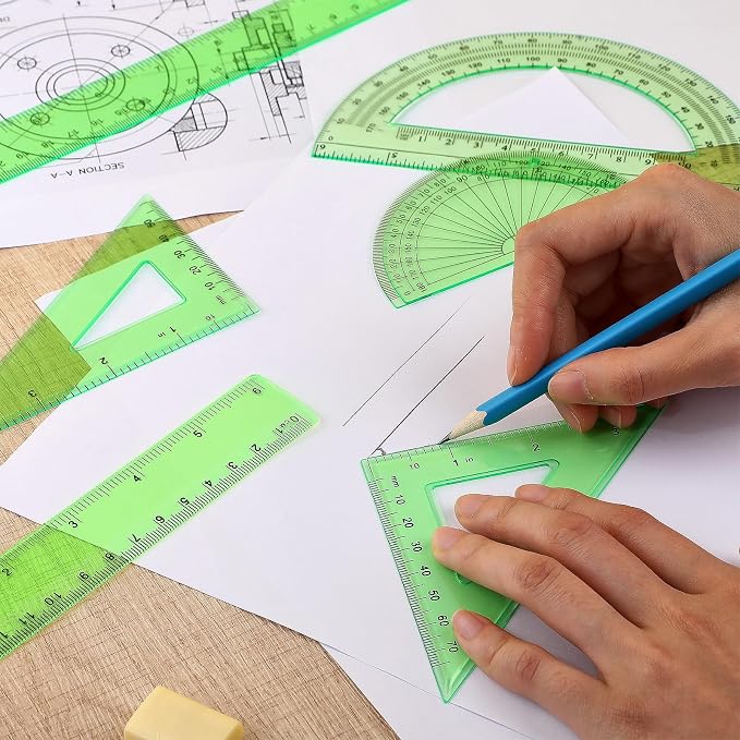 Zonon 7‑Piece Geometry Set with Drawing Compass, 6 & 4 Inch Protractors, Triangle Rulers and Straight Rulers, Transparent Math Drafting Supplies for Back to School, Students and Office Use(Green)