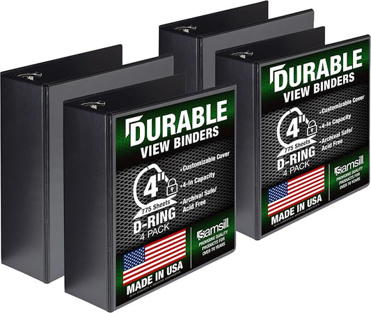 Samsill Durable 4 inch 3 Ring Binder, D Ring Binder, 100% Recycled Chipboard, Black, 4 Pack