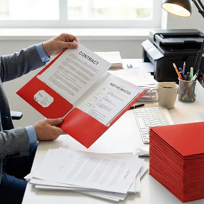Zzrywuty File folders with Pockets,Red Two folders for documents,25 Pack Paper Folders with Card Slot,Letter Size,School Students,Business,Home and Office Workers