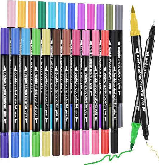 24 Colored Dual Tip Markers Fine & Brush Pens - No Bleeding, Coloring Markers for Adult, Sketching, Drawing, Journaling Art Marker Set