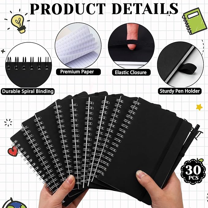 Fulmoon 10 Set Small Spiral Notebooks A6 with Pens Bulk, Multicolor 4" x 6" Pocket Notebooks Mini Lined Journals 50 Sheets for Back to School Supplies Students Rewards Office Gifts (Classic Black)