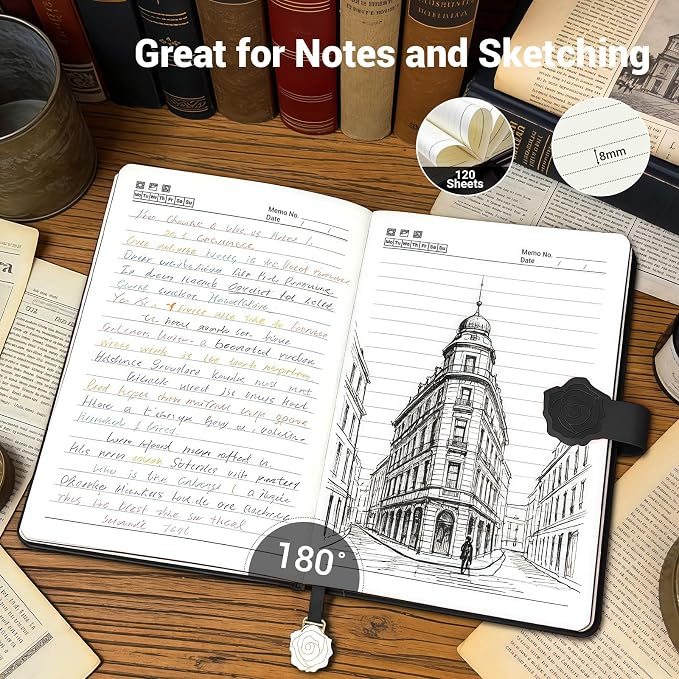 Aocii leather Journal for Women, A5 lined Daily Journal Notebook, Bullet Journaling for Writing, Hardcover Vintage Travel Journals, 224 Pages, Pen included (Black)