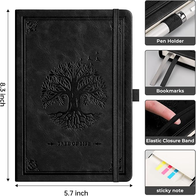 AHGXG Graph Grid Paper Notebook, 192 Pages, A5 Medium Size (5.7'' x 8.3'') | 5 Squares per Inch, Leather Hardcover, 100 GSM Thick Paper, for School, Students, Math, Engineering (Black)