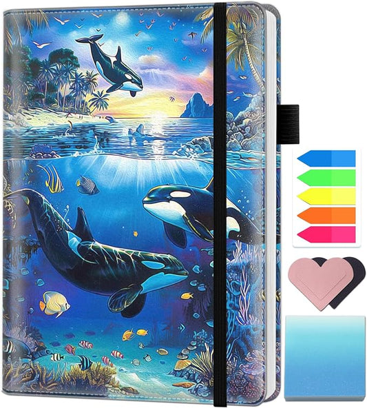 A5 Leather Lined Journal Notebook, 200 Pages Hardcover Executive Notebook for Men Women Office School Note Taking, Thick Writing Paper Daily Journal with Bookmarks/Indexes,Undersea Whale