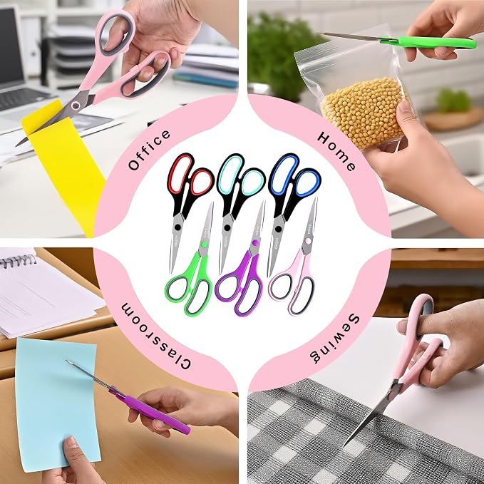 Black Scissors Bulk, Rkqoa 6 Pack 8" All Purpose Scissors for Everyday Use | Comfort-Grip Sharp Scissor for Office School Classroom Craft Sewing Supplies, High/Middle Student Teacher, Right/Left Handle