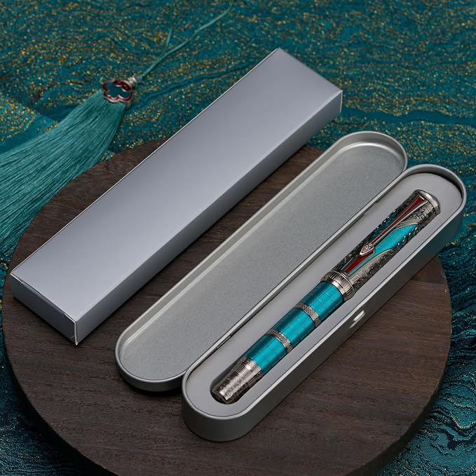 Hongdian D5X Fountain Pen Turquoise Extra Fine Nib, Qin Dynasty Retro Chinese Totem Engraving Smooth Writing Pen with Converter and Pen Box Set