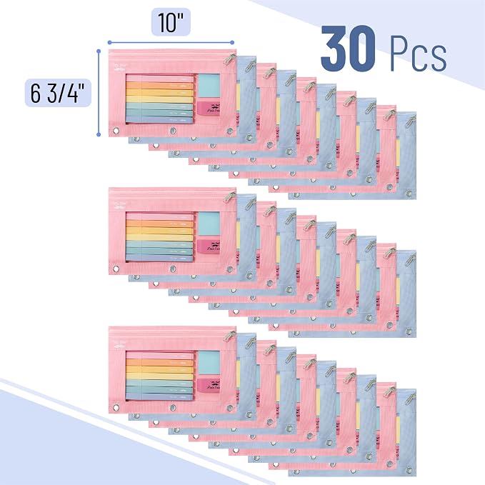 Mr. Pen- Pencil Pouch for 3 Ring Binder, 30 Pack, 10"x6.75", Smooth Zipper | Clear Window, Bulk Large Capacity Pencil Case with 3 Reinforced Grommets for School, Office, Supplies Storage | Clear Window, Bulk Large Capacity Pencil Case with 3 Reinforced...