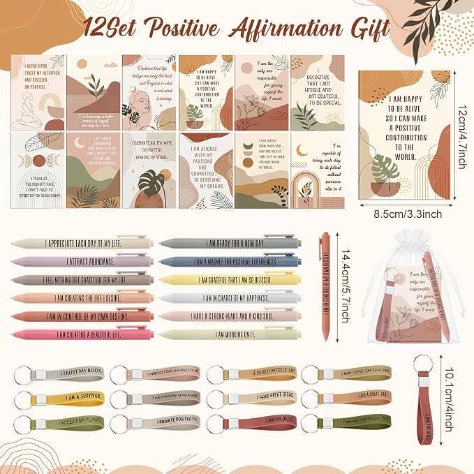 Mooliwe 12 Set Positive Affirmation Gift Set Gratitude Notebooks with Pens Keychains Small Bags Motivational Party Favors for Adult Women Coworkers Employee Group (Groovy)