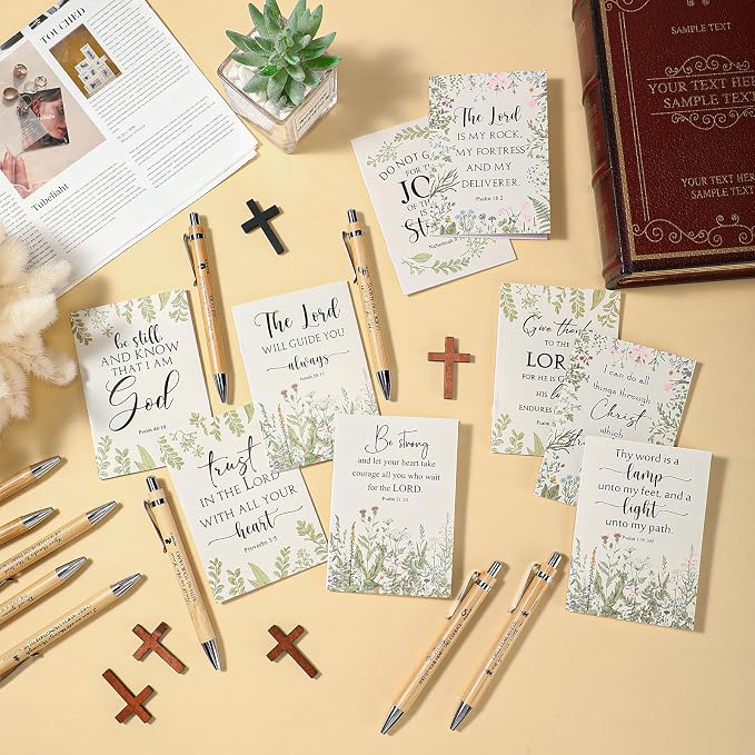 Ctosree 120 Pcs Christian Gifts Bulk for Women Bible Verse Notebook Prayer Journal Inspirational Ballpoint Pen Notepad Church Gift for Women Pastor's Wife Vbs Sunday School Back to School Gift (Beige)
