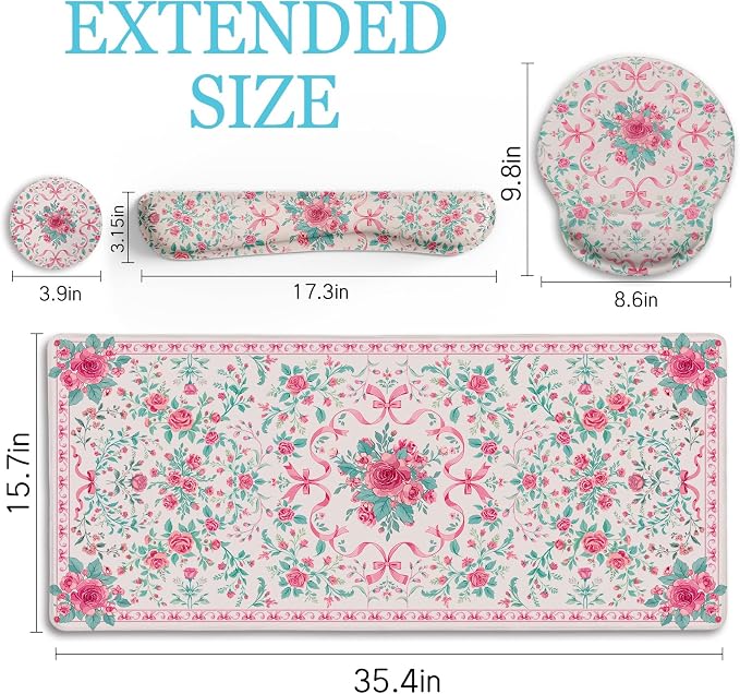 LIMKRIAN Pink Floral Desk Mat, Ergonomic Mouse Pad Set with Wrist Rest | Non-Slip PU Base, Stitched Edges, Keyboard Wrist Rest Ease Pain, Ideal For Office/Gaming, Cute Home Office Decor for Women