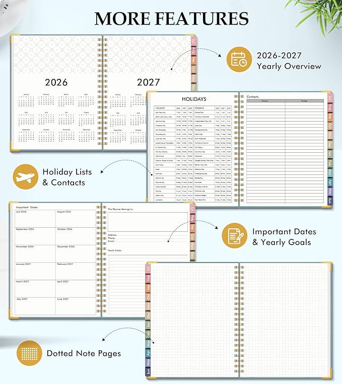 Academic Planner 2026-2027, Hardcover Leather Weekly and Monthly Calendar Planner from July 2026 - June 2027, A5 6.1" x 8.2" Daily Agenda with Tabs, College School Organizer for Student Teacher, Dusty Blue