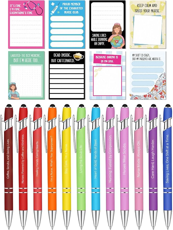 Mr. Pen- Fun Nurse Sticky Notes and Funny Stylus Pens, 20 Pack | 3" x 4" Sticky Notes, 8 Pads, 240 Sheets, 12 Black Ink Funny Pens with Stylus Tips, Fun Sticky Note for Adults, List-Making