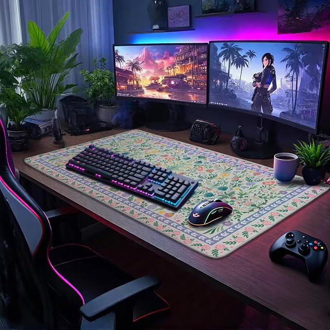 Green Floral Desk Mat, 31.5"x15.7" Large Mouse Pad, Anti-Slip Rubber Base Keyboard Pad with Stitched Edges, Water-Resistant Smooth Desk Blotter, Computer Mat for Home Office Desk
