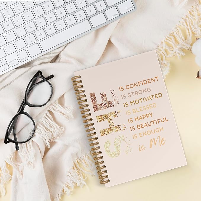 Inspirational She Is Me Spiral Notebook, Beige Gold Self Care Journal Notebook, Self Love Notebooks for School Work, Positive Affirmations Office Supplies Gifts for Women Girls, 5.5x8.3 Inch