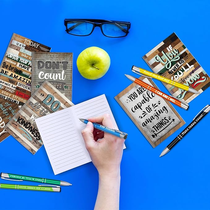 Geyee 24 Pcs Mini Motivational Pens Inspirational Notepads Bulk Appreciation Gifts Small Journals Funny Ballpoint Pen Set Prizes Men Women Office Travel Party Favors(Retro)