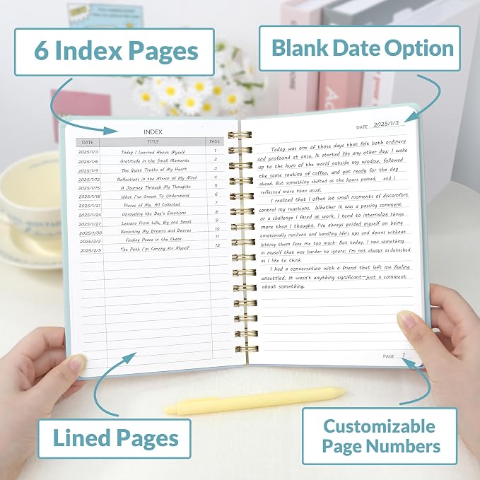 SUNEE Lined Spiral Journal Notebook for Women, 146 Pages College Ruled Hardcover Journaling Notebook for Work, Note Taking and Office School Supplies, A5 - Blue