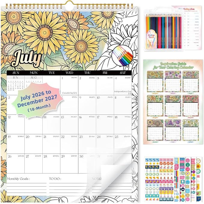 Ospelelf 2026 Coloring Wall Calendar 12'' x 17'' Family Doodle Calendar, 18 Months Desk Calendar Planner with Plastic Cover, Use July 2026 - Dec 2027, Floral