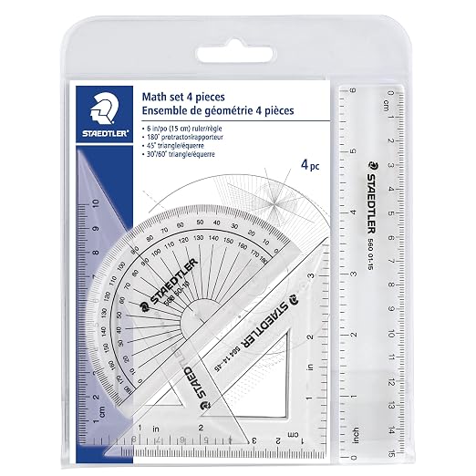 STAEDTLER Math Set - 4 pc Geometry Kit for Students - School Supplies with Clear Protractor, 6in Ruler & 2 Triangles – Metric & Imperial Scales (Pack of 3)