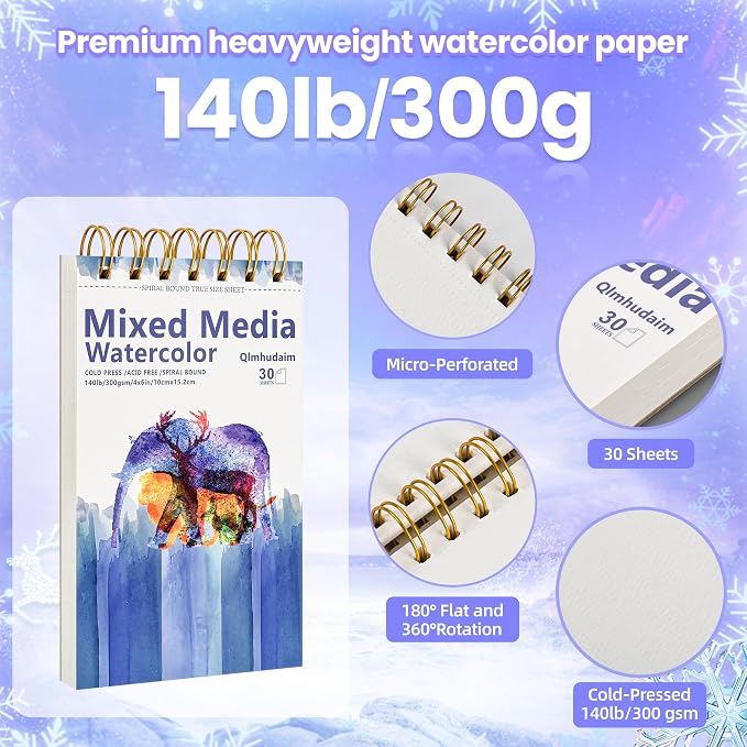 Qlmhudam Watercolor Paper Pad 4" x6”(30 Sheets, 140lb/300g) | Spiral Bound Tear Line Small Artist-Grade Watercolor Pad, Compact Travel Sketchbook for Adults & Kids