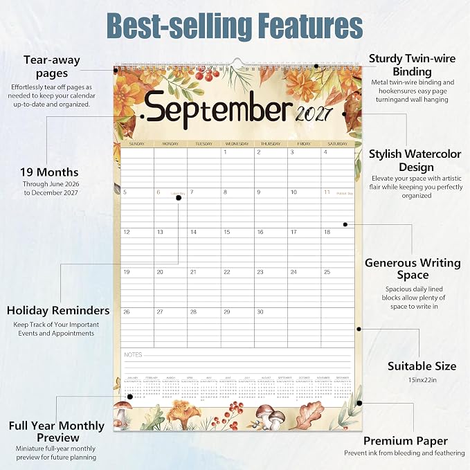 GuassLee Large Wall Calendar 2026-2027,19-Month Vertical Wall Calendar Runs from Jun. 2026 to Dec. 2027, 22"x15" Hanging Monthly Planner with Thick Paper Watercolor Design for Easy Organizing