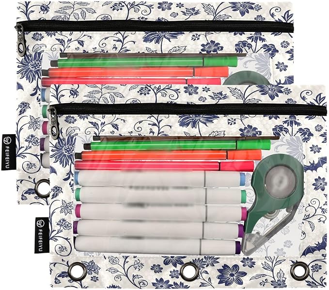 Gredecor 3 Ring Binder Pencil Pouch, Navy Blue Gothic Bat Zippered Pen Case Pouches with Clear Window, 2 Pack Stylish Office & School Supplie