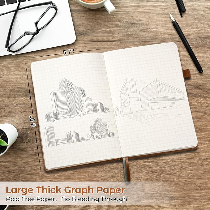 Graph Paper Notebook, Hardcover Leather Grid Notebook Journal for Women Men | No Bleed Thick Paper for Smooth Writing, Lay Flat, A5 Portable Size for Work, School, and Travel, Professional Business Style