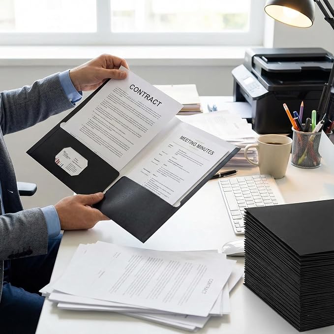 Zzrywuty File folders with Pockets,Black Two folders for documents,50 Pack Paper Folders with Card Slot,Letter Size,School Students,Business,Home and Office Workers